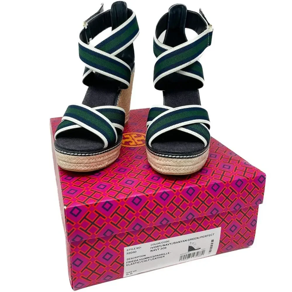 Tory Burch Frieda Green Navy White Stripe Canvas Leather Espadrilles size 9.5